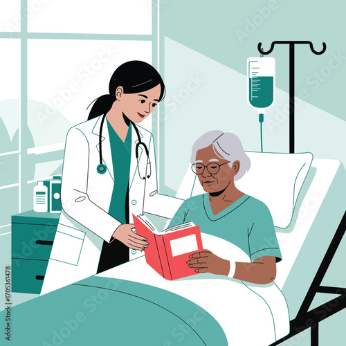 Doctor reading a book to an elderly patient in a hospital room vector illustration