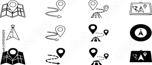 Navigation Line Icons vector. A set of symbols for map location, route, marker, road trip, and navigate. Icons are presented in both outline and solid illustration styles