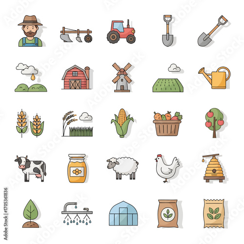 Vibrant farm icons depict farmer, tractor, crops, animals, and harvest for agricultural themes.
