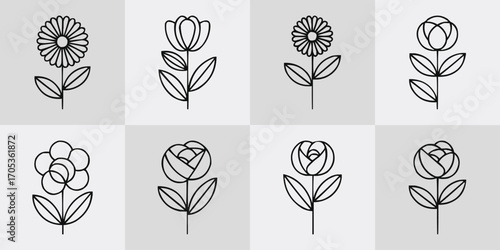 Minimal line art flower icons set with geometric botanical shapes for logo, tattoo, poster, and t shirt design