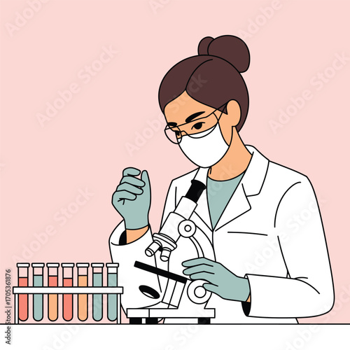 Female scientist with mask and gloves working with microscope and test tubes laboratory