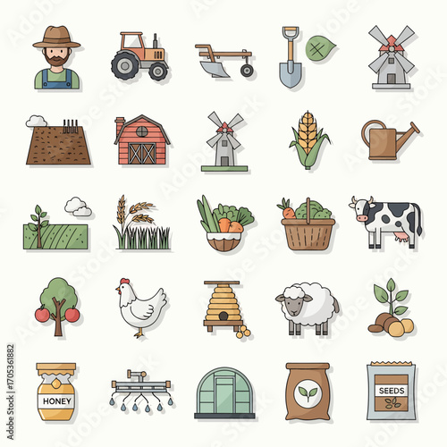 Vibrant farm icons depict agriculture, produce, livestock, and rural life for modern design projects
