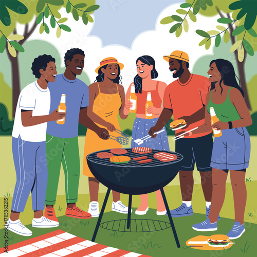 Friends at a summer barbecue party holding drinks and burgers in a park grill food