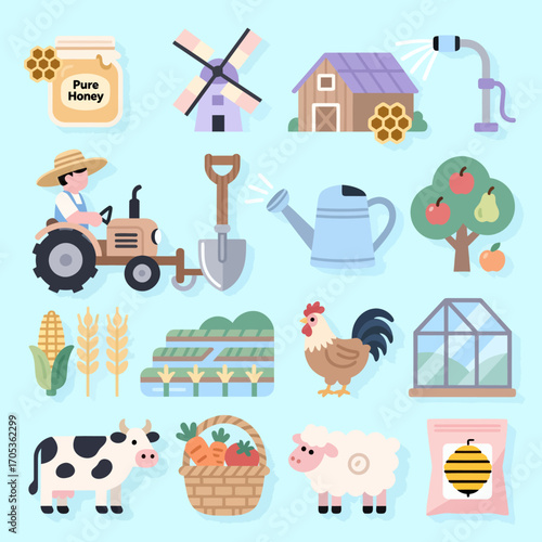 Charming cartoon farm elements evoke rural life, harvest, and organic farming with vibrant colors.
