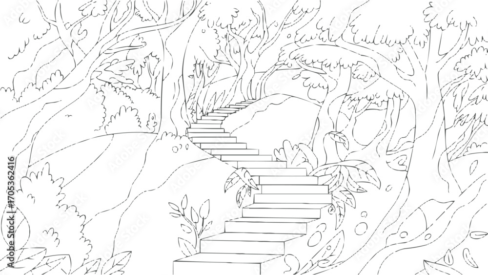 Fototapeta premium Forest pathway illustration with stone staircase leading through trees line art drawing for coloring book and t shirt design