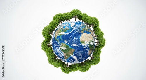 Planet Earth Surrounded by Lush Green Trees Symbolizing Environmental Protection and Nature.