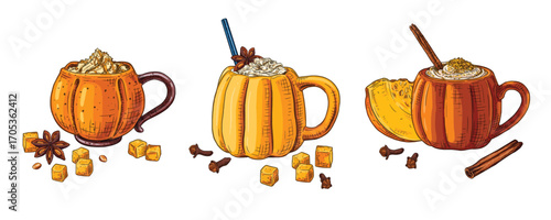 Hand drawn pumpkin spice latte in a pumpkin mug. Set sketches with a pumpkin mug, slice of pumpkin, cream, cinnamon stick, star anise, caramel. Vector illustration isolated on white background.