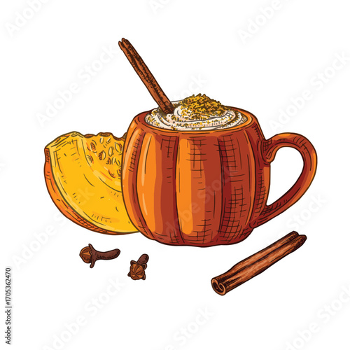 Pumpkin spice latte with cream and cinnamon stick, in a pumpkin shaped mug.