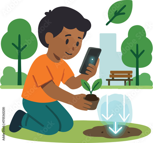 Child planting a pocket park plug using AR placement instructions on phone Illustration