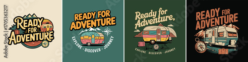 Vintage camper trailer Ready for Adventure typography illustration with mountains and compass, retro travel road trip graphic for t shirt print