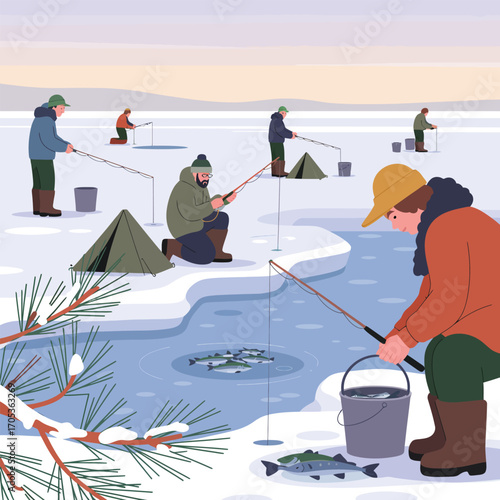 Ice fishing scene with men in tents and buckets catching fish in winter people