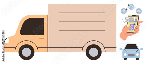 Delivery truck alongside a smartphone with GPS tracking icon, notifications, and small car. Ideal for transportation, logistics, shipping, fleet tracking, delivery services, modern technology supply