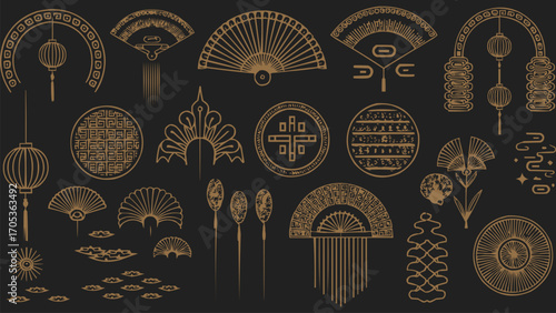 Set of traditional Asian ornamental line art patterns with fans, lanterns, and cultural decorative symbols for festival and t shirt design