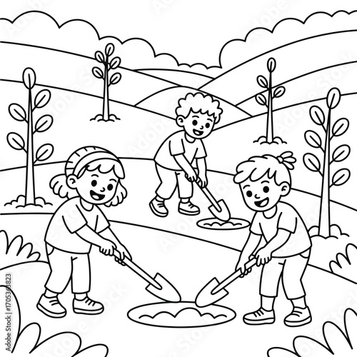 Kids planting trees in a line drawing for coloring book gardening nature