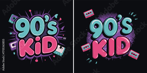 Retro 90s kid typography with cassette tape neon colors and nostalgic pop art style for vintage poster or t shirt design