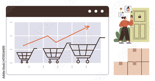 Growth line chart with shopping carts, person unlocking a secured door using a phone, and stacked delivery boxes. Ideal for business, e-commerce, online security, logistics, delivery, growth metrics
