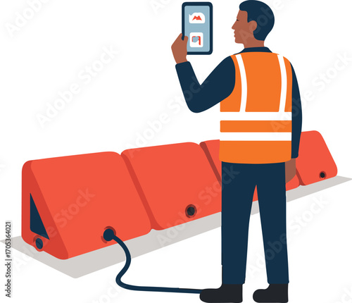 Community steward inflating temporary flood barriers with smartphone monitor Illustration