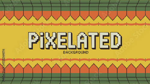 Retro pixelated background with 8 bit video game style geometric border in green orange and yellow for digital art or t shirt design