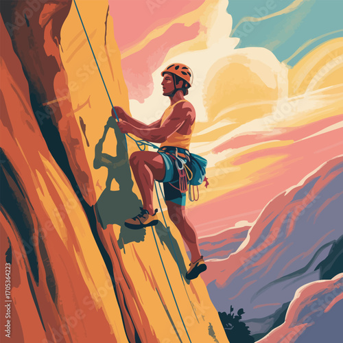 Male rock climber ascending a sheer rock face at sunset with dramatic sky rock climbing