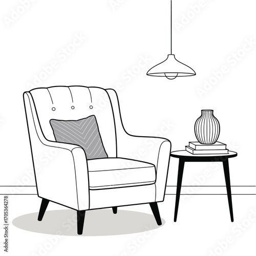 Line art of a tufted armchair with a side table and pendant lamp furniture interior