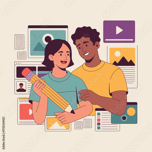 Man and woman with pencil surrounded by digital content and media windows Keywords: man, woman