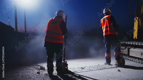 Rail worker inspecting tracks at night