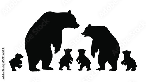 Silhouette illustration of bear family with parents and cubs in various poses for wildlife concept, nature logo, and t shirt design