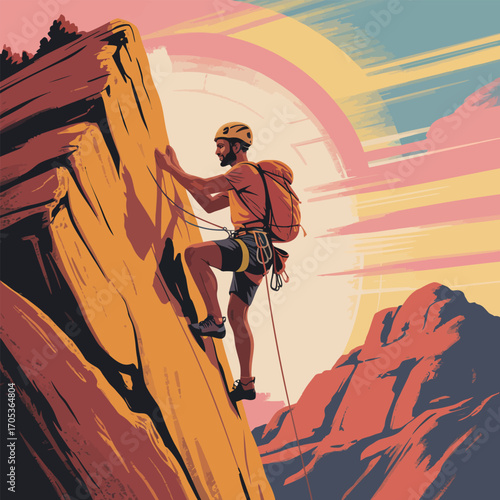Man rock climbing a rugged cliff face during a colorful sunset vector illustration