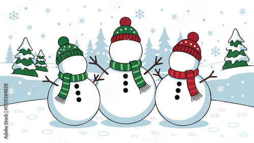 Cute snowman family illustration in winter landscape with scarves, hats, trees, and snowflakes for holiday card and t shirt design