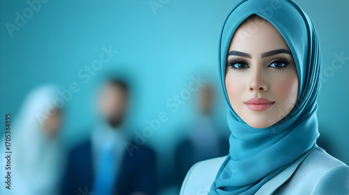 Arabian Businesswoman in office with Businesspeople meeting in the background, Arabian woman wearing Hijab in office with her colleagues in background