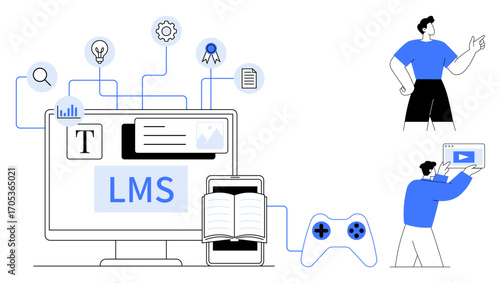 Computer with LMS interface, icons for goals, content, games, and apps. Two characters implement interactive features. Ideal for e-learning, education tech, online courses student resources digital