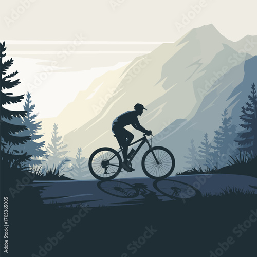 Mountain biker silhouette on a road with misty mountains and pine trees mountain biking