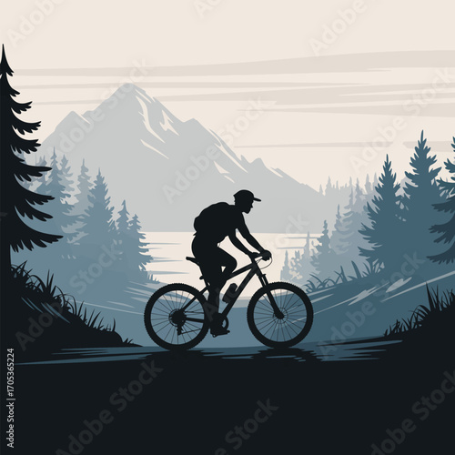 Mountain biker silhouette riding on a path with a lake and mountains behind mountain biking