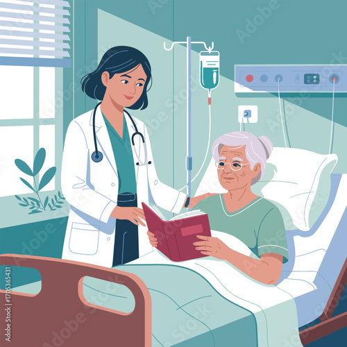 Nurse reading a book to an elderly patient in a hospital room vector illustration