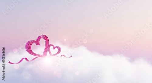 Romantic Valentines Day Scene with Two Hearts on Clouds.