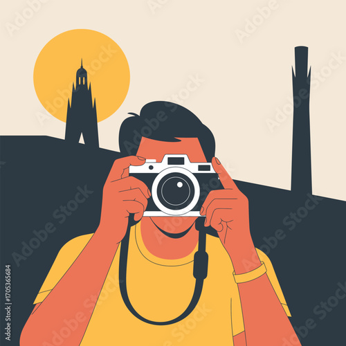Person holding a camera and taking a selfie in front of landmarks photography travel