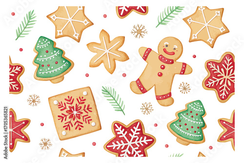 Watercolor seamless pattern with Christmas cookies vector illustration isolated on white background