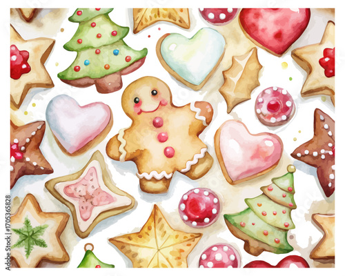 Watercolor seamless pattern with Christmas cookies 
