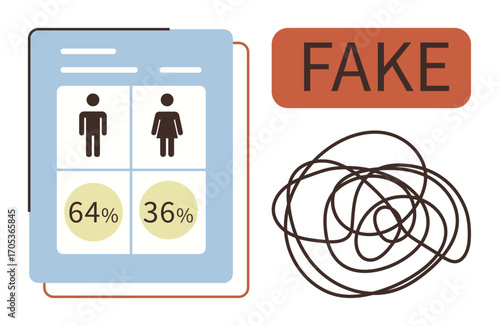Blue report sheet showing male and female percentages, red FAKE label, black scribble representing confusion or fraud. Ideal for analytics, misrepresentation, fraud, error, fake data, confusion