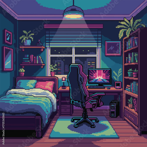 Pixel art room with gaming computer, bed, and window overlooking a city at night desk