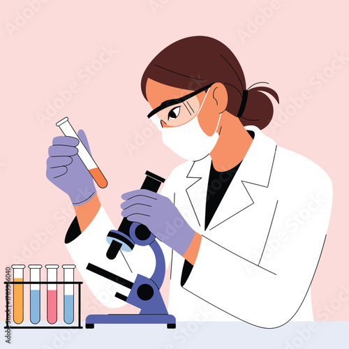 Scientist in lab coat and mask examining test tube with microscope laboratory research