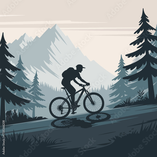 Silhouette of a mountain biker riding downhill through a forest landscape mountain biking