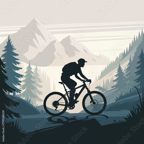 Silhouette of a mountain biker riding through a forest with mountains in background