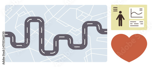 Curved road over a map background. Beside it, a human figure statistics panel and heart symbol. Ideal for journey, decision-making, data, health, relationships progress life. Simple flat metaphor