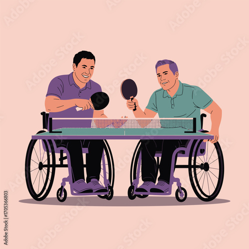 Two men in wheelchairs playing table tennis with a ping pong ball and paddles sport