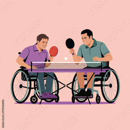 Two men in wheelchairs playing table tennis with paddles and ball ping pong sport