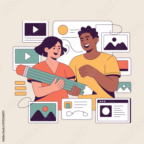 Two people holding a large green pencil surrounded by digital content windows Keywords: people