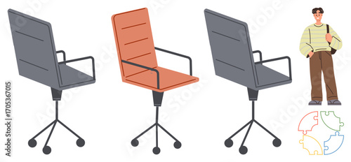 Three swiveling office chairs with varying positions, a casual character standing nearby, and a multicolor puzzle. Ideal for office, choice, individuality, team, creativity, career decision