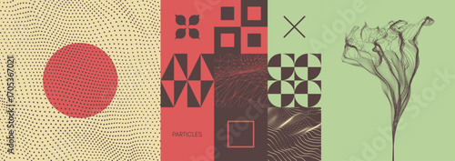 Abstract art in Japanese style. Dynamic particles. Water splash imitation. Geometrical pattern. Art composition. Grid. Cover design template. Illustration for brochure, poster, presentation or flyer.