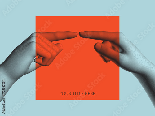Business Event Invitation Template. Hands reaching towards each other with index fingers. Concept of relationship, unity, partnership or contact. Vector for online course, conference, webinar, webinar